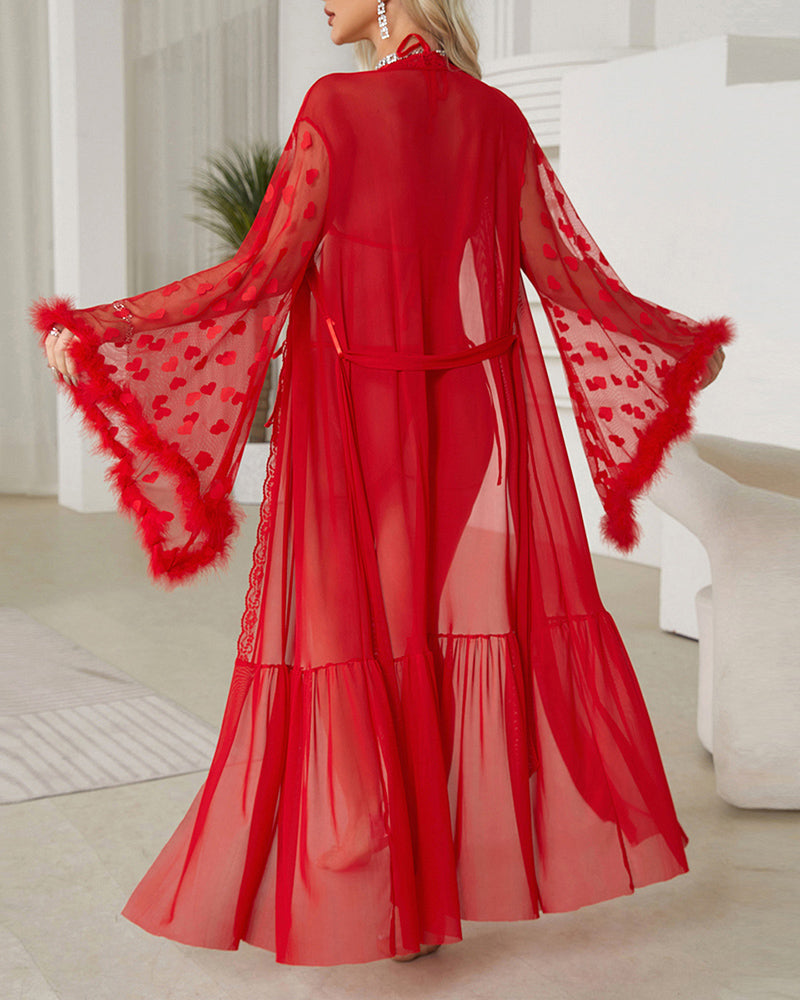Red sheer long-sleeve belted nightgown with heart-pattern sleeves and tiered skirt