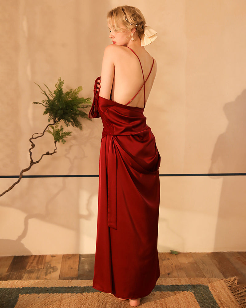 Wine red satin night robe with open-back design and lace-trim straps