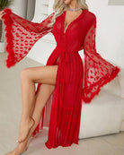 Red sheer belted nightgown with flared heart-pattern long sleeves and V-neck bodice
