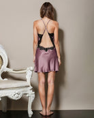 Silk backless night dress, mauve satin with black lace back straps