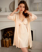 Cream satin kimono robe set over a lace-trim short nightgown with V neckline