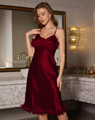Wine red satin nightdress with scalloped lace trim and spaghetti straps