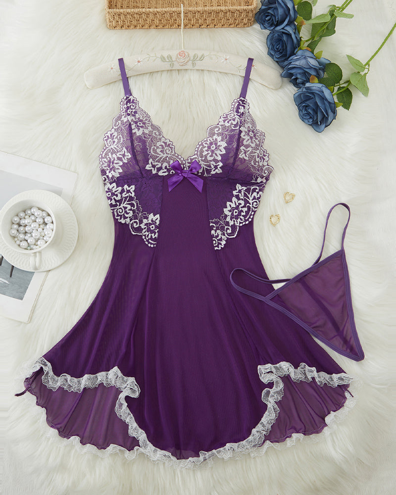 Purple lace babydoll with thin straps, white scalloped lace trim, bow at bust