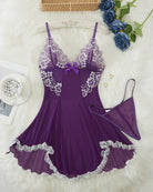 Purple lace babydoll with thin straps, white scalloped lace trim, bow at bust
