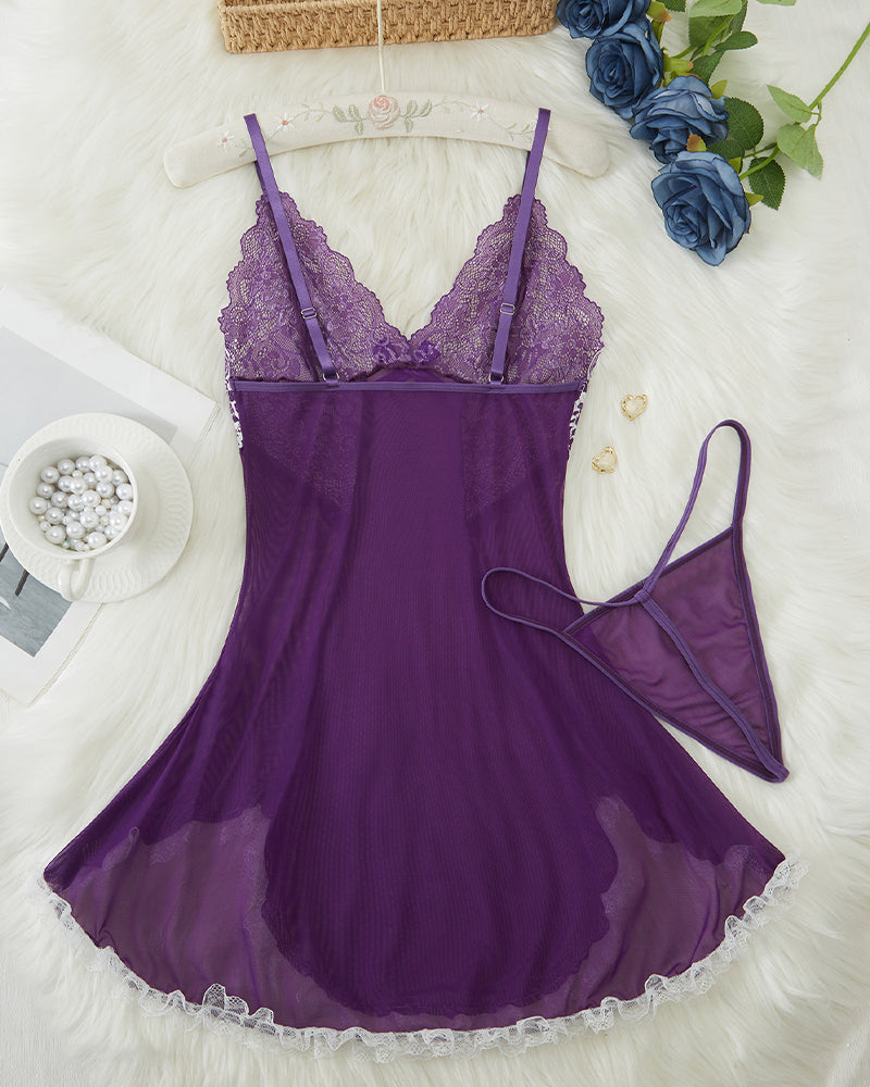 Purple lace babydoll flat lay with thin straps, white lace edge trim, bow detail