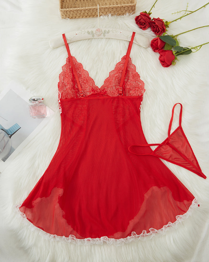Red lace babydoll slip with thin straps, lace cups, and ruffled hem with trim