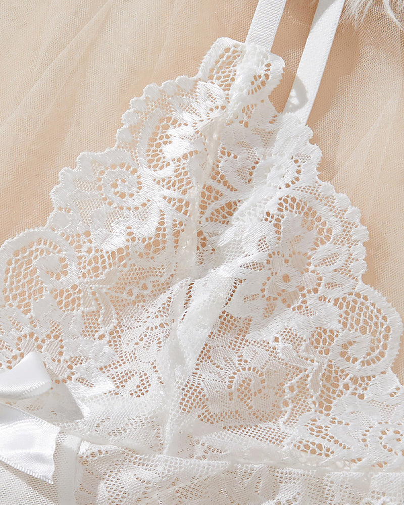 White contrast lace babydoll lace overlay detail with ribbon trim