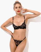 Embroidered lace bra and panty set, black, model wearing front view with lace cups