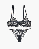 Embroidered lace bra and panty set, black, scalloped floral embroidery with straps