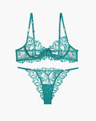 Embroidered lace bra and panty set, teal green, floral scalloped edges