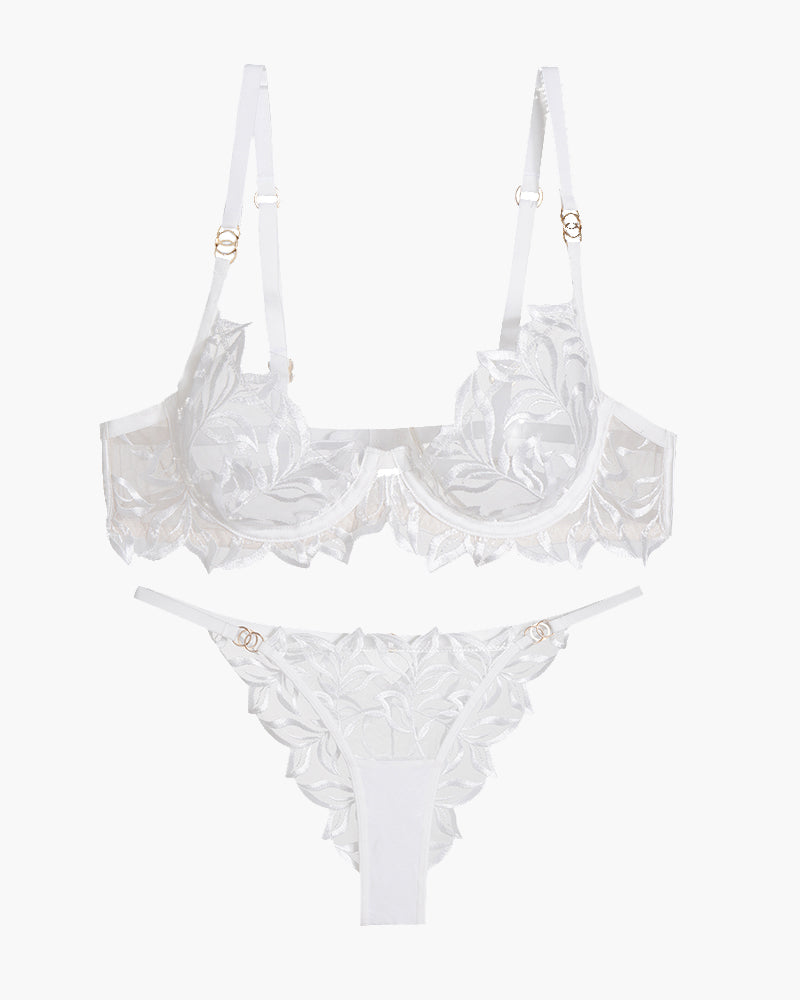 Embroidered lace bra and panty set, white, flat lay with underwire cups and lace thong