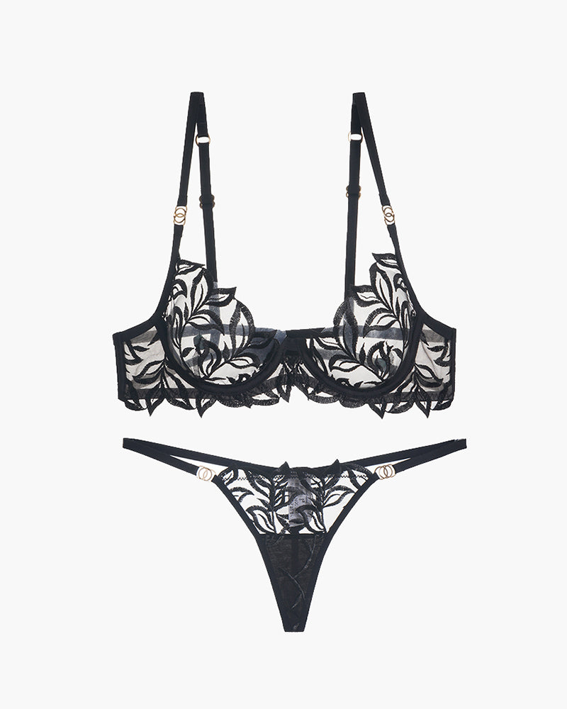 Black embroidered lace bra and thong set, front view