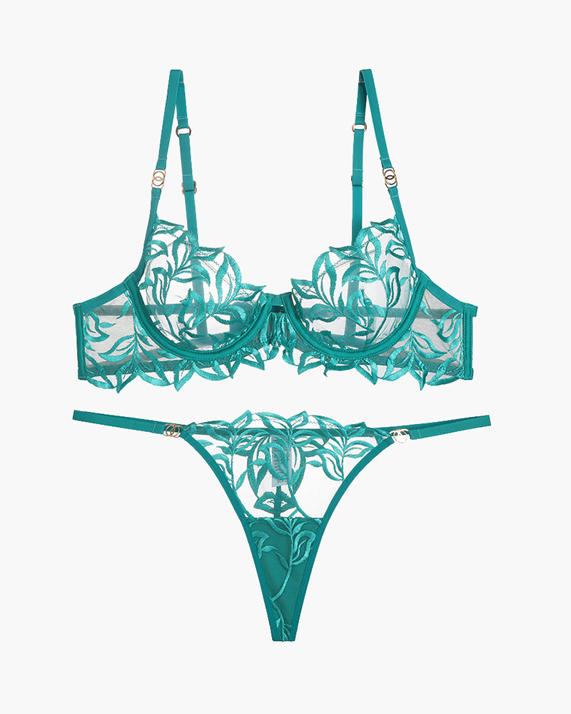 Green embroidered lace bra and thong set, front view