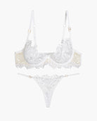 White lace bra and thong set, front view with floral embroidery