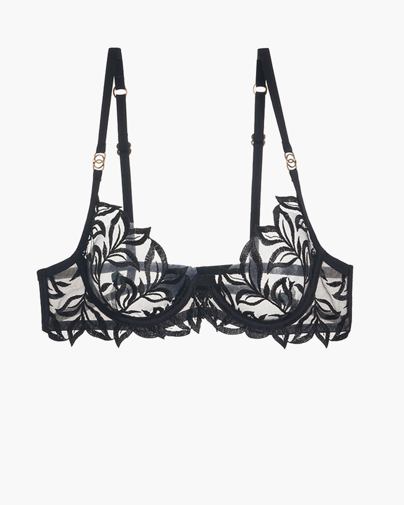 Embroidered lace bra in black with underwire cups and scalloped lace trim