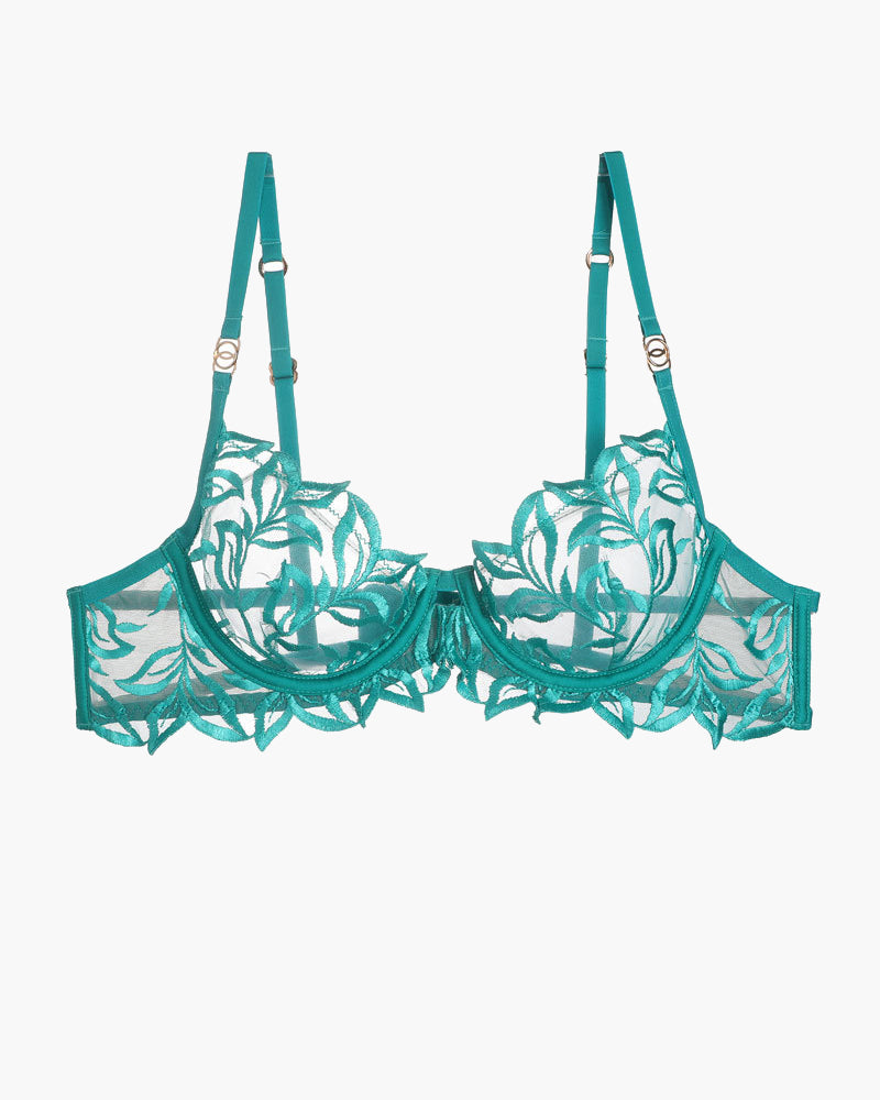 Embroidered lace bra in teal/green with underwire cups and scalloped lace trim