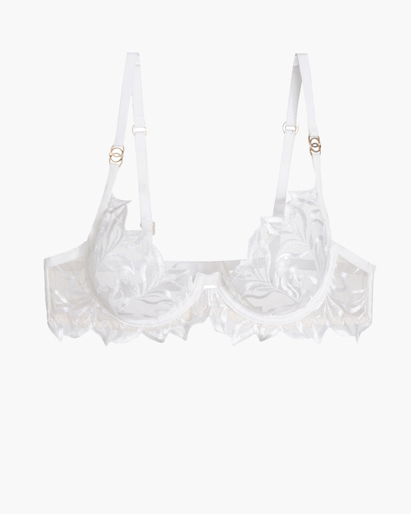 Embroidered lace bra in white with underwire cups and scalloped lace trim