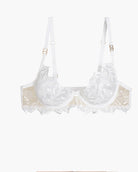 White lace bra with embroidered cups and adjustable straps