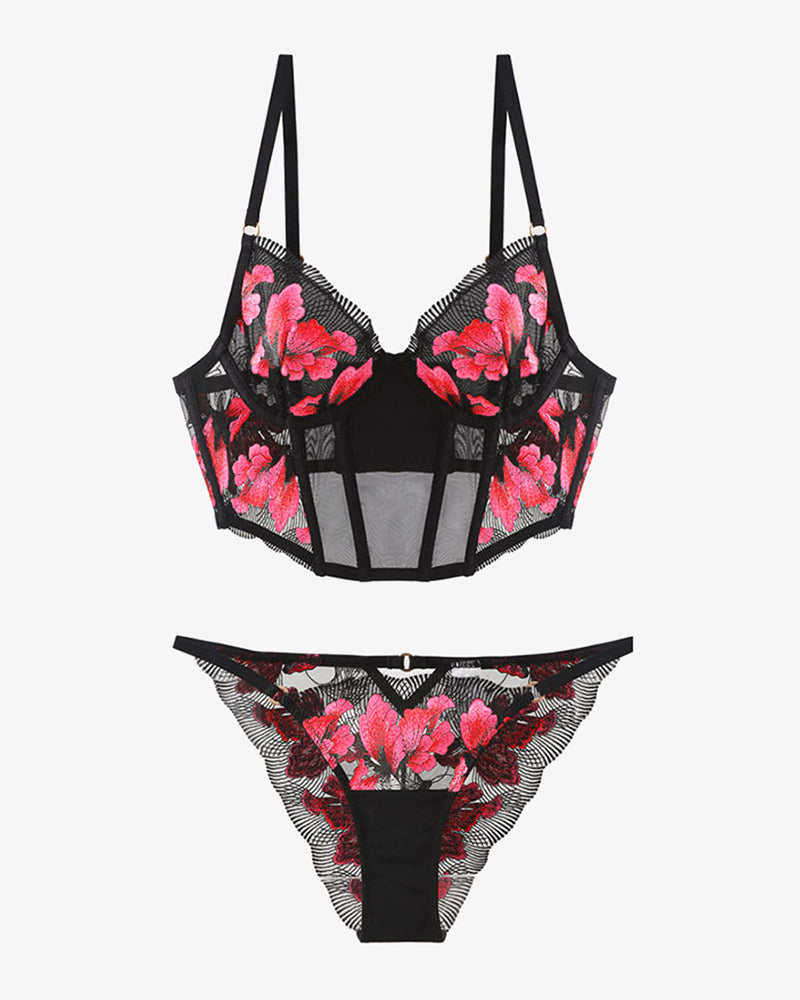 Embroidered corset bra and panty set with black base and pink floral embroidery, two-piece