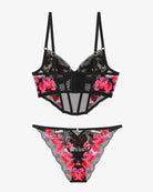 Embroidered corset bra and panty set, black sheer lace with pink floral panels and adjustable straps