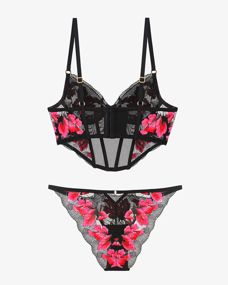 Embroidered corset bra and panty set, black sheer lace with pink floral panels and adjustable straps