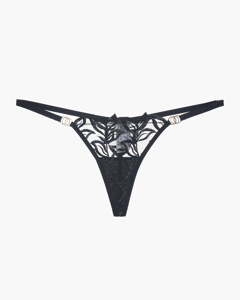 Black embroidered lace thong with floral pattern and thin straps