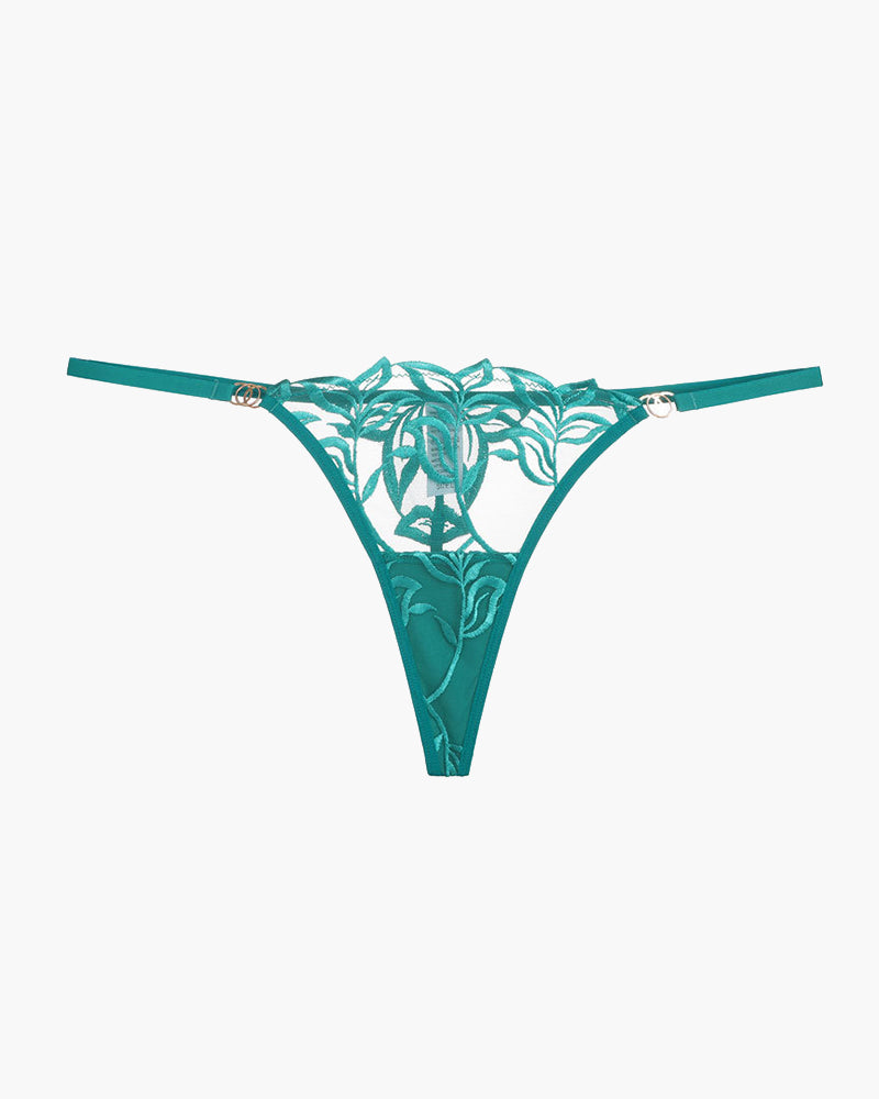 Green embroidered lace thong with floral cutout pattern and thin straps