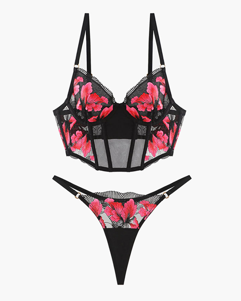 Black floral embroidered corset bra and thong set with mesh panels and adjustable straps