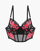 Black embroidered corset bra with pink floral cups, mesh panels, and underbust boning