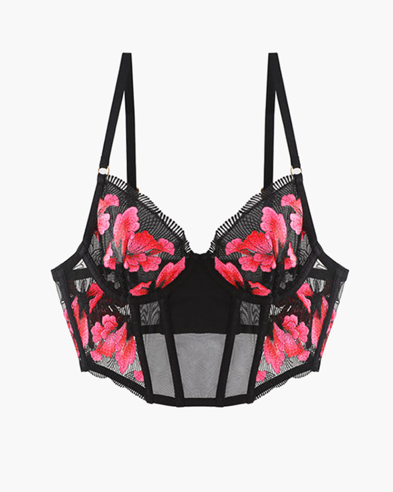 Black embroidered corset bra with pink floral cups, mesh panels, and underbust boning