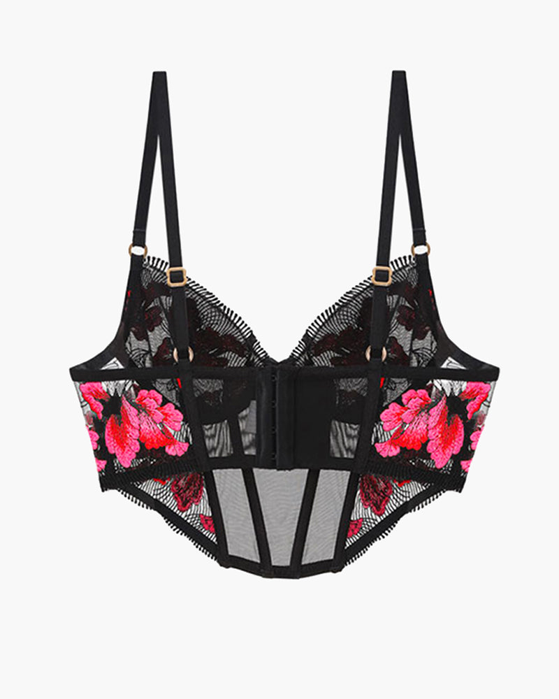 Black corset bra with pink floral embroidery, mesh cups, and wide underbust support