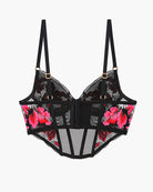 Black corset bra with pink floral embroidery, mesh cups, and wide underbust support