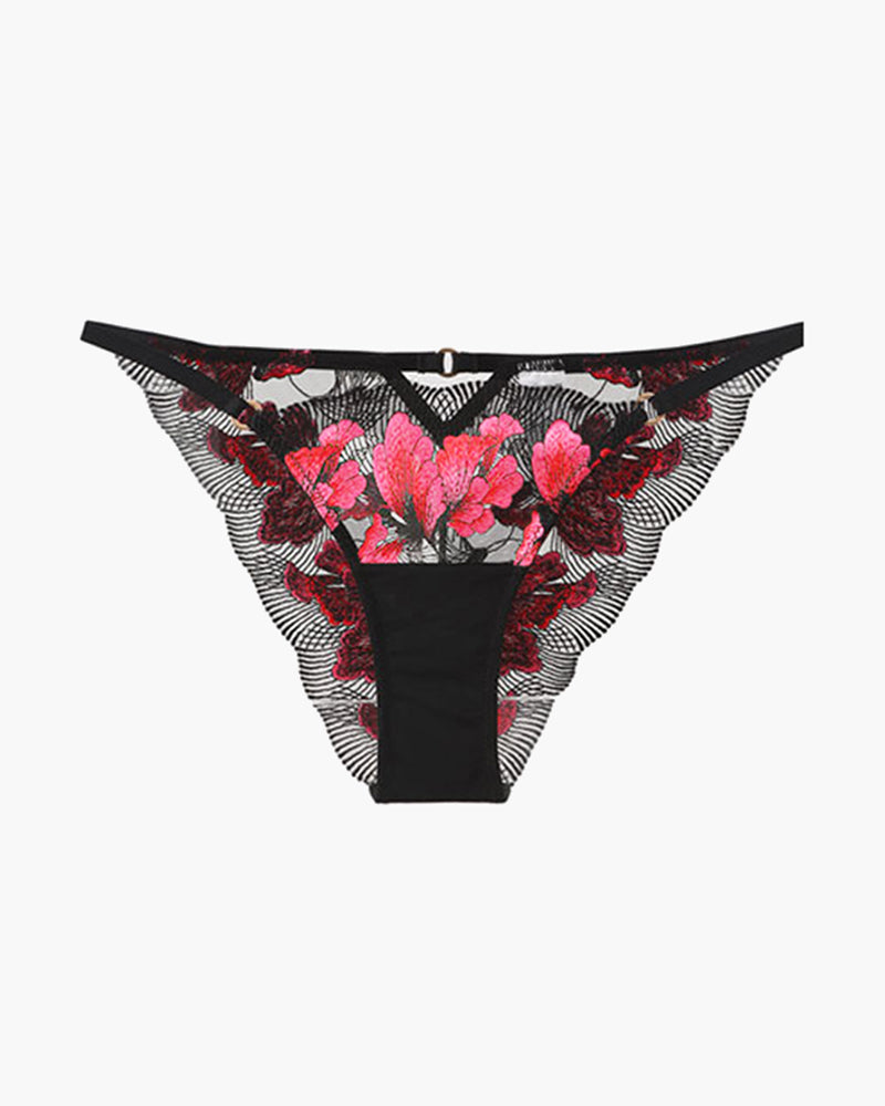 Embroidered lace thong panty with pink floral and black striped pattern, high-rise cut