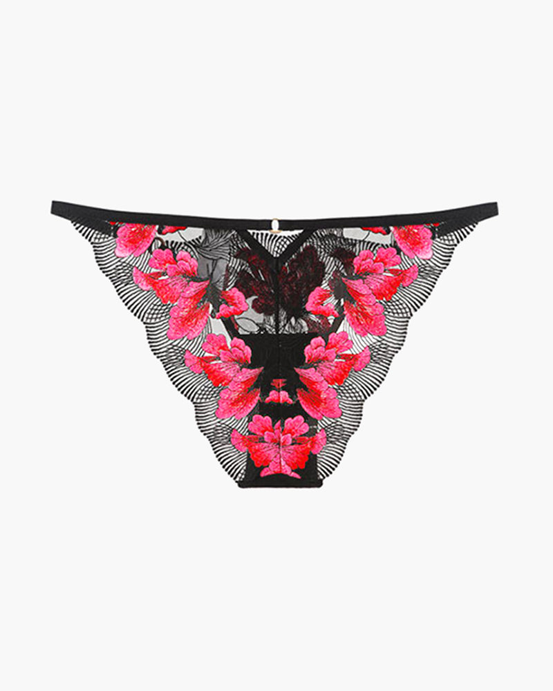 Lace thong panty with pink floral embroidery, black striped fabric, central mesh panel