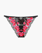 Lace thong panty with pink floral embroidery, black striped fabric, central mesh panel