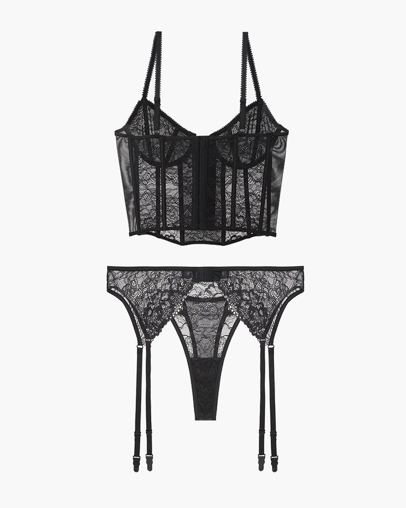 Black lace push-up corset bra and thong set with four garter straps and mesh corset panel