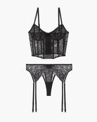 Black lace push-up corset bra and thong with garter straps, underwire cups and mesh panels