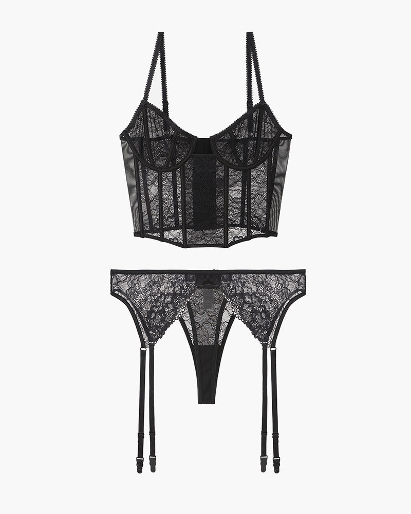 Black lace push-up corset bra and thong with garter straps, underwire cups and mesh panels