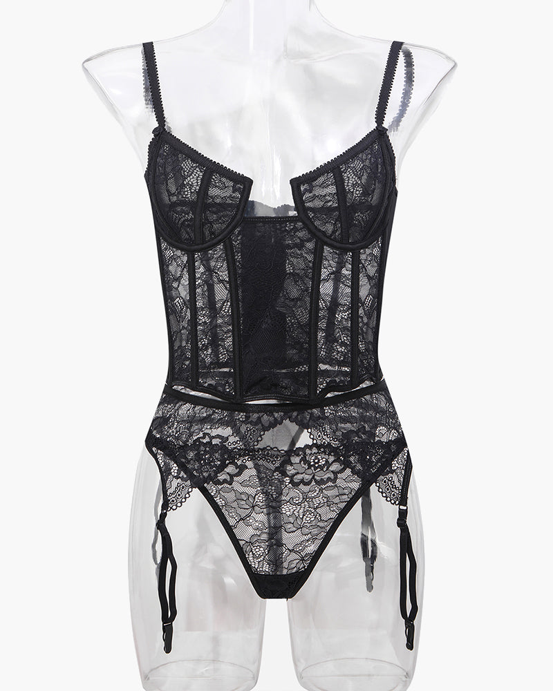 Black lace push-up corset bra with garter straps and matching panty set, front view
