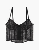 Black lace corset bra top with underwire cups and vertical mesh panels, front view