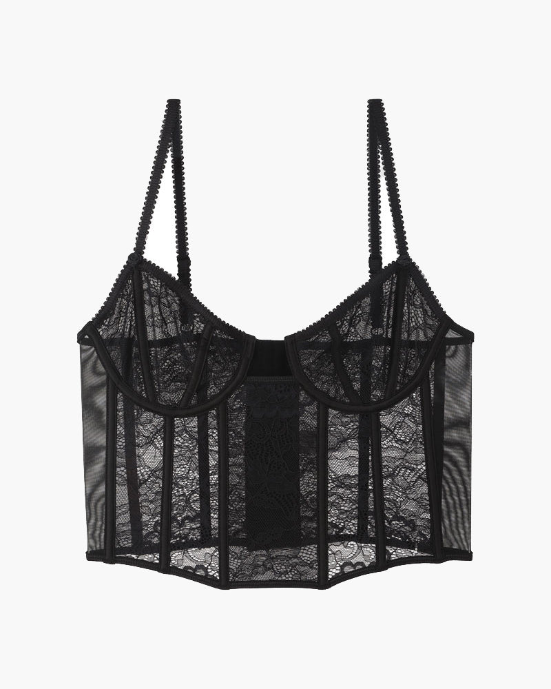 Black lace corset bra top with underwire cups and vertical mesh panels, front view