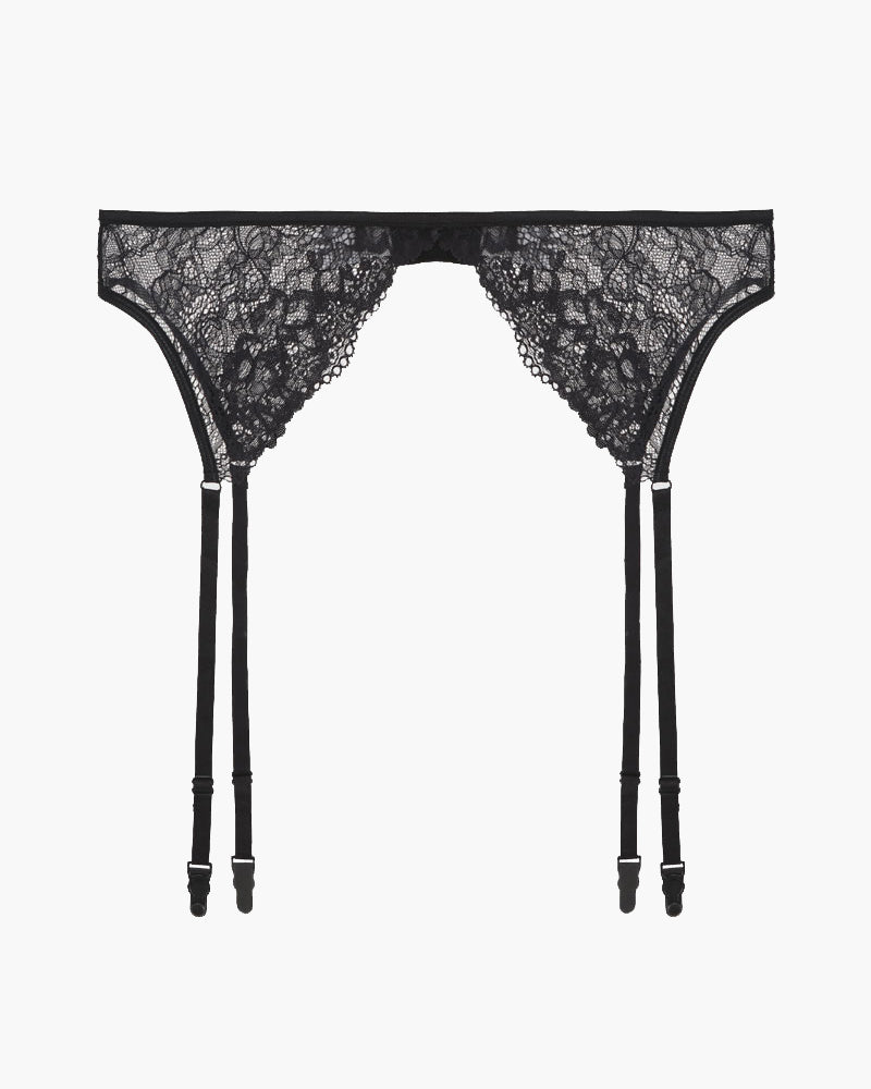 Black lace garter panty with scalloped trim and two adjustable leg straps