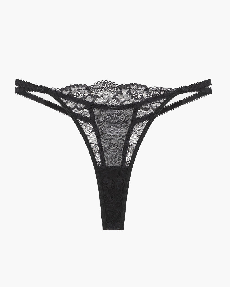 Black lace thong-style garter panty with scalloped waistband and adjustable straps