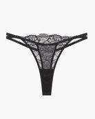 Black lace thong-style garter panty with scalloped waistband and adjustable straps