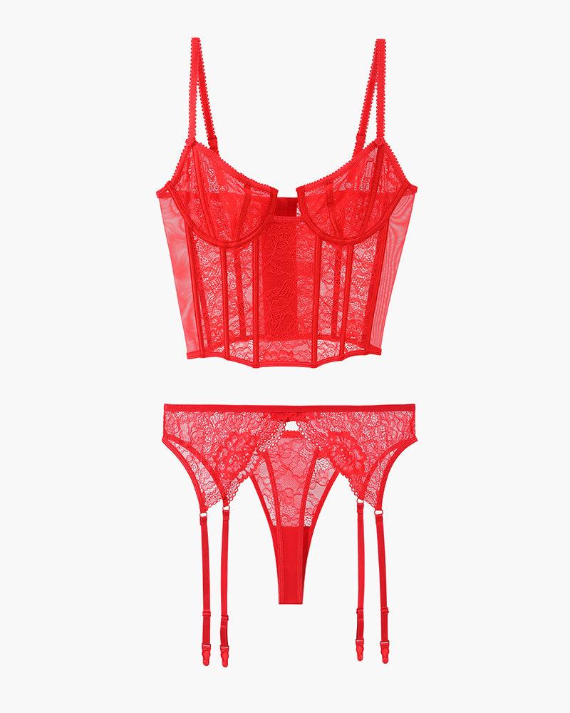 Red lace push-up corset bra and thong set with four garter straps and corset panel