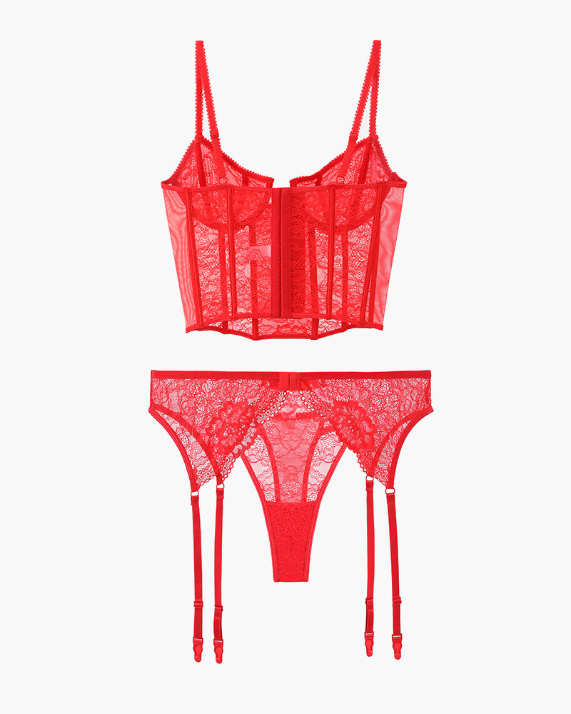 Red lace push-up corset bra and thong with garter straps, corset-style center panel