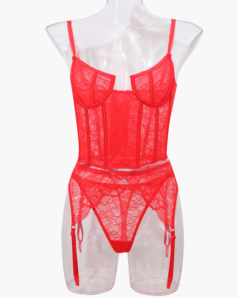 Red lace push-up corset bra and thong with garter straps, V neckline and lace cups