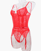 Red lace push-up corset bra and thong with garter straps, lace cups and scalloped hem