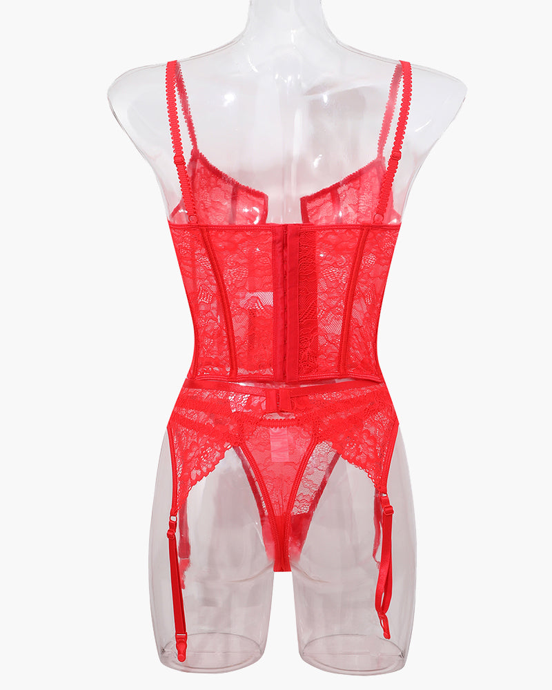 Red lace push-up corset bra and thong with garter straps, underbust corset panel