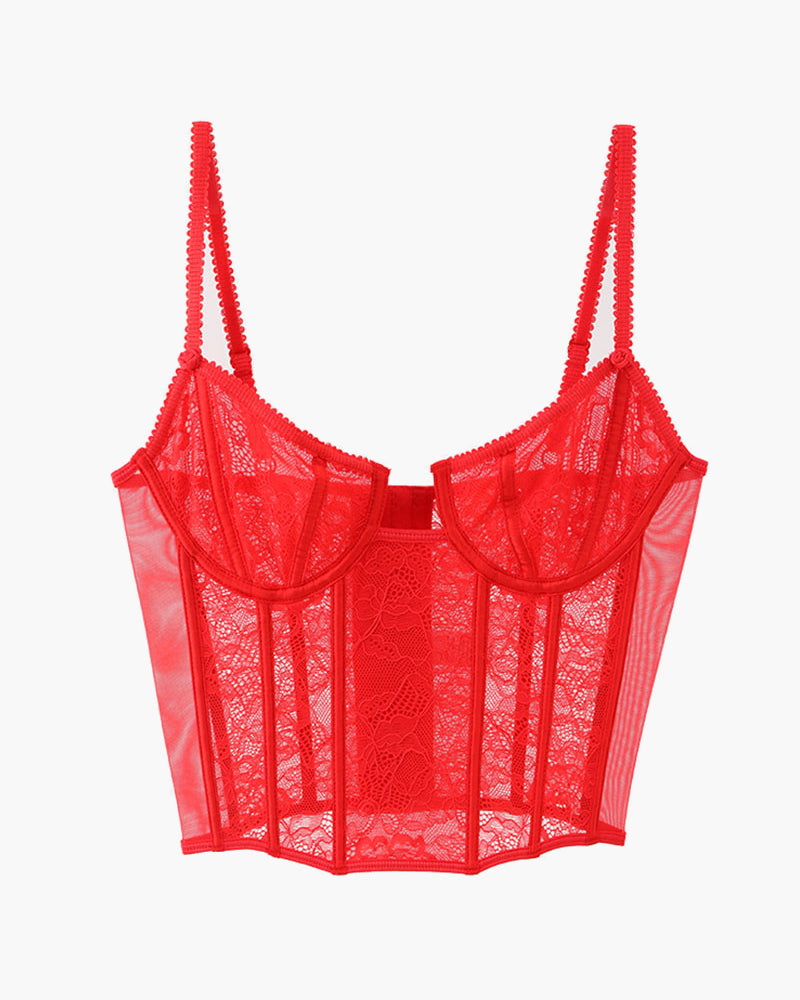 Red lace corset bra with underwire cups and vertical boning, adjustable shoulder straps